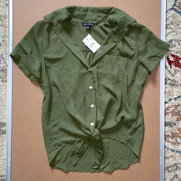 J. Crew Mercantile Green Button Down Tie Up Short Sleeve Shirt (NWT) - Picture 9 of 11